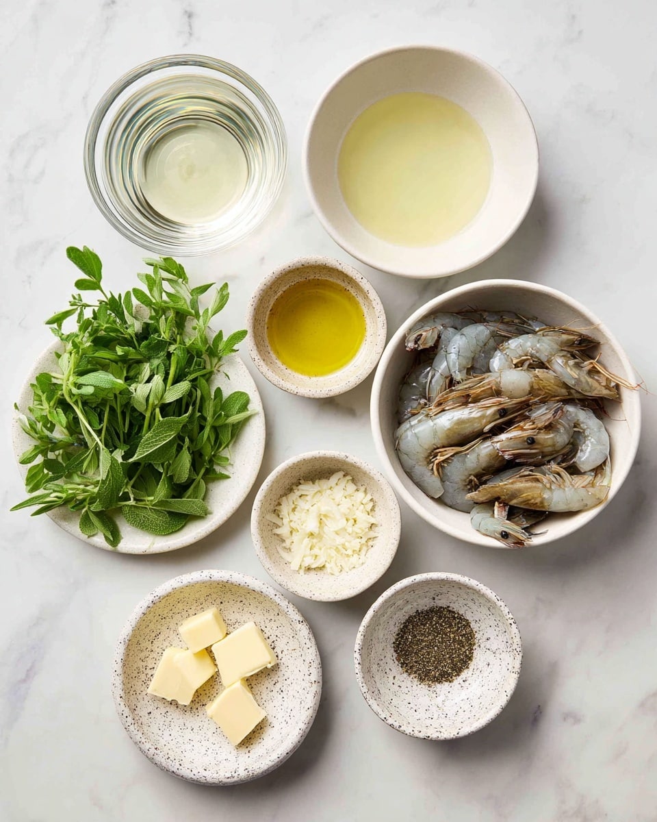 A top-down view shows eight small bowls and plates arranged on a white marbled surface, each containing different cooking ingredients. Starting from the top left, there's a clear glass bowl with a light liquid, next to it is a white bowl filled with pale yellow liquid. To the right is a small clear bowl with golden-yellow oil, and next to that a large white bowl full of raw shrimp with tails visible, showing a mix of grey and pale pink colors. Below are smaller clear and speckled white bowls holding two pale yellow butter pieces, a heap of finely minced garlic, and some coarse white salt. To the left bottom is a white round plate holding fresh green herbs, with oregano sprigs and flat-leaf parsley standing out. In the center, a speckled white bowl contains ground black pepper. photo taken with an iphone --ar 4:5 --v 7