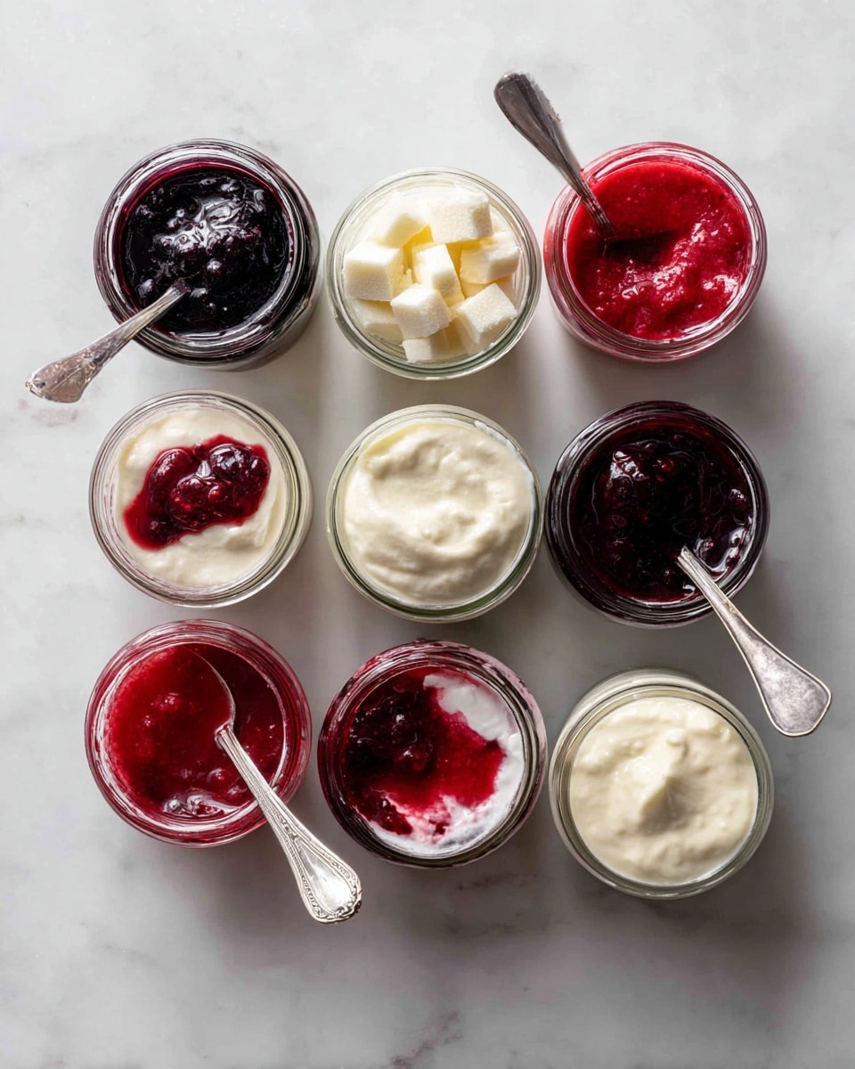 The image shows nine small glass jars arranged in three rows on a white marbled surface. The top row bowls contain dark purple berry sauce, small white cheese cubes, and bright red strawberry sauce, each with a silver spoon. The middle row jars have dark purple berry sauce on the left, white creamy yogurt in the middle, and the mixture of red strawberry sauce with white yogurt on the right. The bottom row jars display white creamy yogurt on the right and left, and in the middle, yogurt mixed lightly with red sauce. The jars are clear, showing the vibrant colors and smooth or chunky textures of the toppings and yogurt. Photo taken with an iphone --ar 4:5 --v 7