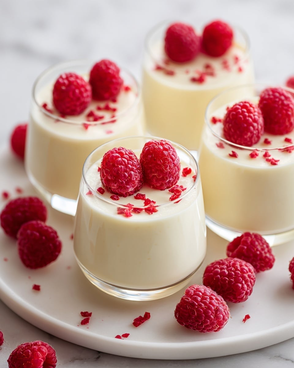 The image shows four clear glasses filled with a creamy white dessert, each topped with three fresh bright red raspberries and small red pieces scattered on the cream. The glasses are round with a smooth texture, arranged on a white plate. Around the plate, there are several loose raspberries placed on a white marbled surface, adding a fresh look. The creamy layers inside the glasses look soft and smooth, with the red berries providing a bright, textured contrast on top. Photo taken with an iphone --ar 4:5 --v 7