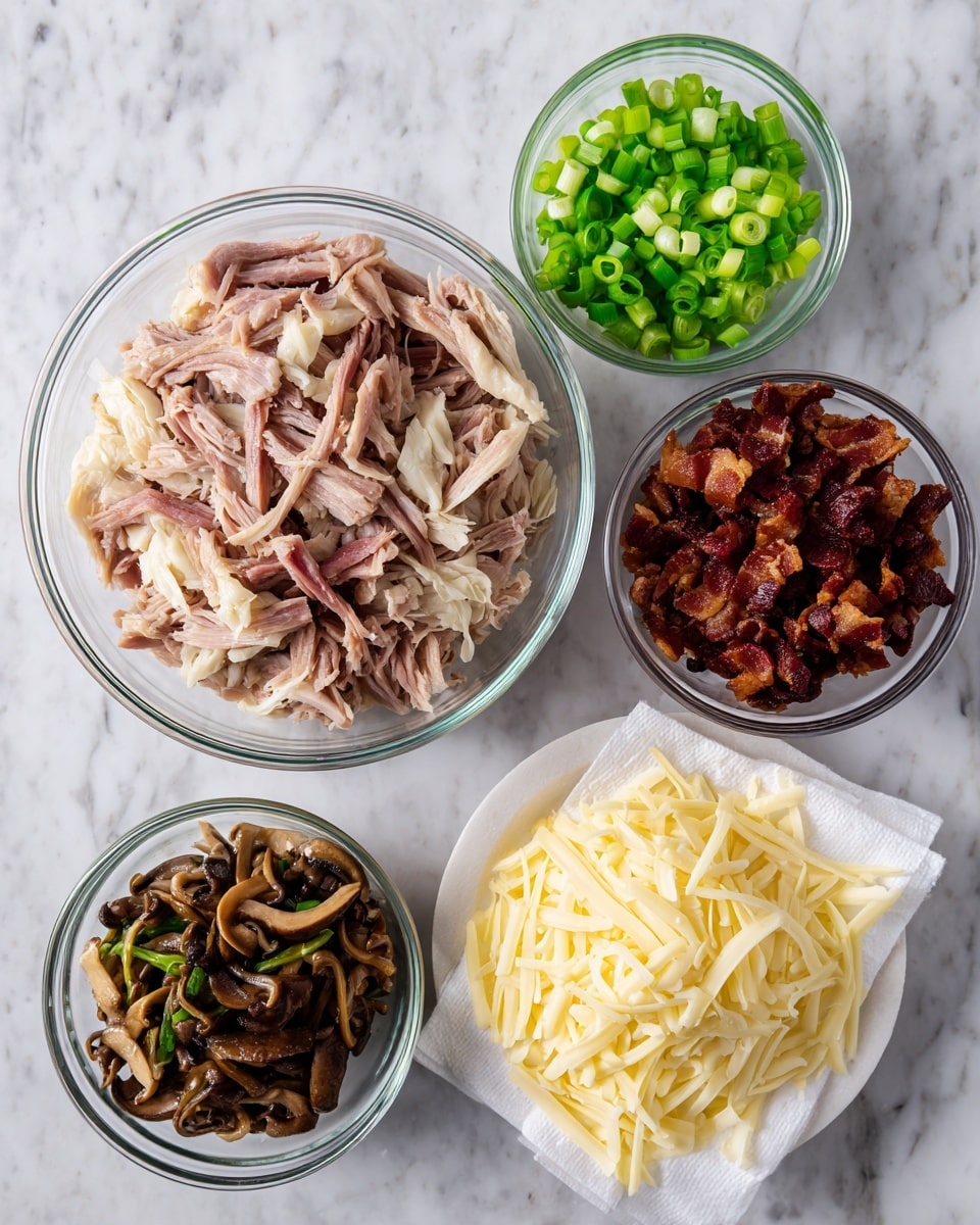 A clear glass bowl filled with sliced cooked meat showing pink and brown tones is in the center, surrounded by four containers: a smaller clear bowl with dark sautéed mushrooms, a small clear bowl with bright green sliced scallions, a white plate piled with shredded pale yellow cheese, and another clear bowl lined with paper towel holding small, cooked dark reddish-brown bacon pieces. All items are placed on a white marbled surface. photo taken with an iphone --ar 4:5 --v 7