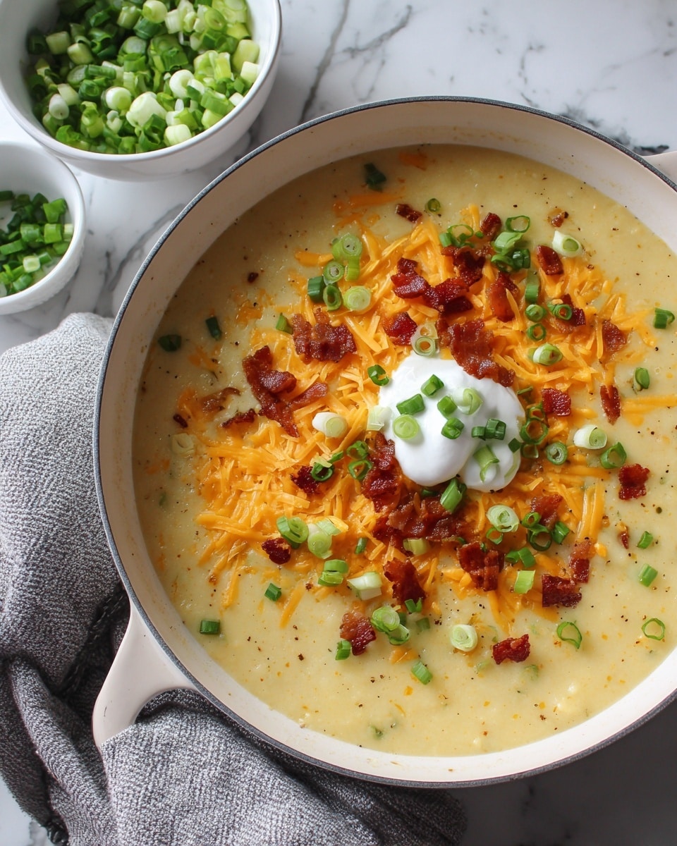 The image shows a white pan filled with creamy potato soup, topped with bright orange shredded cheese, small pieces of crispy bacon, finely chopped green onions, and a dollop of white sour cream in the center. The soup has a smooth, thick texture with visible bits of potato. A grey cloth is placed under the pan, and the background is a white marbled surface. Behind the pan, there is a white bowl filled with more chopped green onions. Photo taken with an iphone --ar 4:5 --v 7