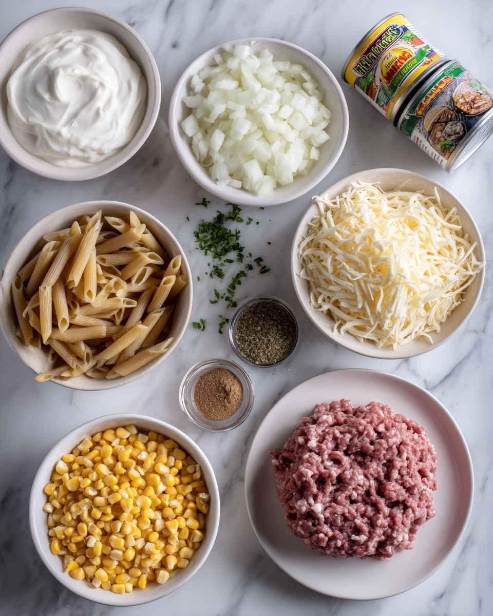 The image shows six white bowls and a white plate arranged on a white marbled surface. The top left bowl holds white sour cream with a smooth texture. Below it, another bowl contains chopped white onions, small and chunky. To the right, a bowl is filled with shredded pale yellow cheese, fluffy and soft. A white plate on the right side holds a thick layer of raw ground meat, dark pink and coarse. At the bottom left, a bowl contains yellow corn kernels, round and glossy. Between the plate and bowls, there is a small container of ground brown spices. Two cans with colorful labels, one opened with pasta visible, sit among the bowls. Some green herbs appear scattered near the edges. photo taken with an iphone --ar 4:5 --v 7