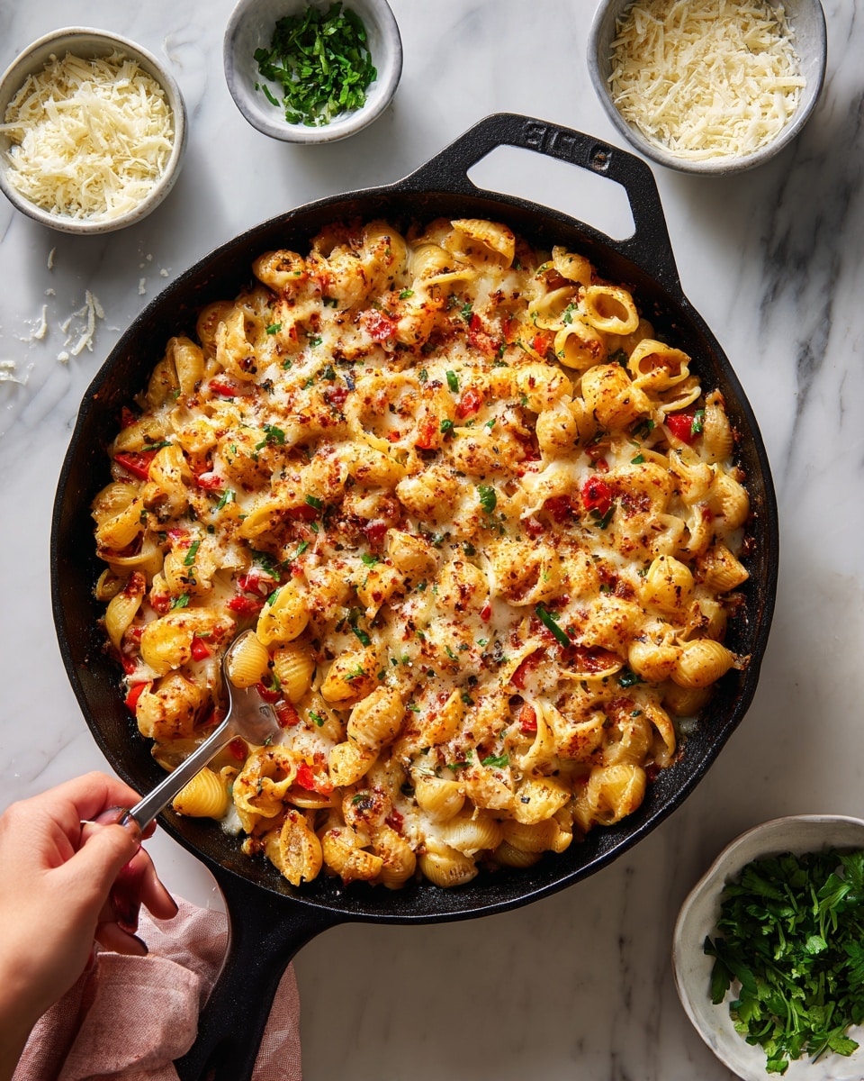 A close-up view of a black cast iron skillet filled with baked pasta. The pasta is small shell-shaped, covered evenly with melted golden cheese that looks bubbly and slightly browned on top. Small pieces of red and green vegetables are mixed throughout the pasta, adding pops of color. The skillet sits on a white marbled surface with a woman's hand reaching in from the left side, holding a utensil above the pasta. Around the skillet, there are small white bowls, one filled with grated cheese and another with fresh green herbs. Photo taken with an iphone --ar 4:5 --v 7