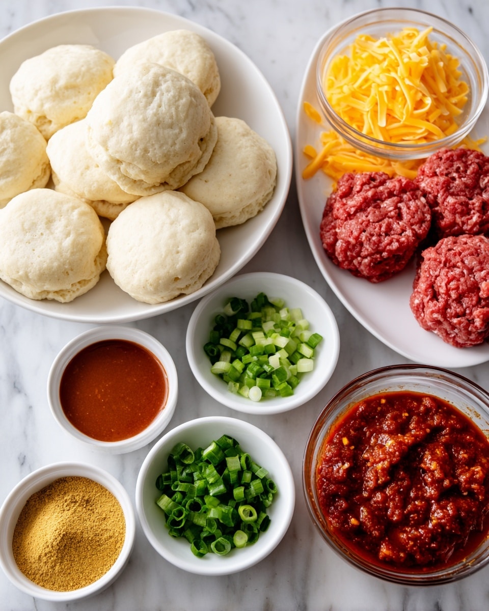 The image shows a white plate filled with several thick, soft white biscuit rounds at the top left. To the right, a white bowl holds two dense blocks of fresh, bright red ground meat with fine texture. Surrounding these are smaller white bowls: at the bottom left, a bowl containing a golden yellow spice powder, next to it a bowl of smooth reddish-brown sauce, and on the bottom right another bowl filled with chunky red salsa with visible bits of peppers and tomatoes. In the middle, a white bowl is filled with small, fresh green chopped scallions, and next to it on the right, a clear bowl contains a heap of bright yellow shredded cheese. The whole setup sits on a white marbled surface photo taken with an iphone --ar 4:5 --v 7