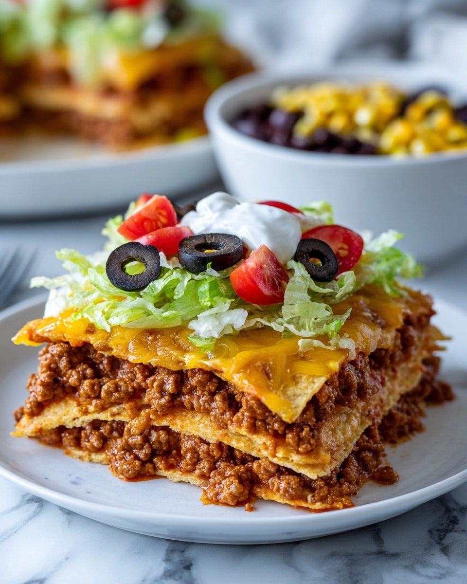 A slice of layered taco casserole is shown on a white plate sitting on a white marbled surface. The bottom layer is made of crispy yellow corn chips with a rough texture, followed by a thick, reddish-orange sauce layer. On top of the sauce is a layer of cooked ground meat in brown, crumbly texture. Above the meat is a layer of melted yellow cheddar cheese. The topmost layer consists of shredded lettuce in light green, halved red cherry tomato slices, small black olive pieces, and dollops of white sour cream. In the background, there is a white bowl of mixed black beans and corn. Photo taken with an iphone --ar 4:5 --v 7