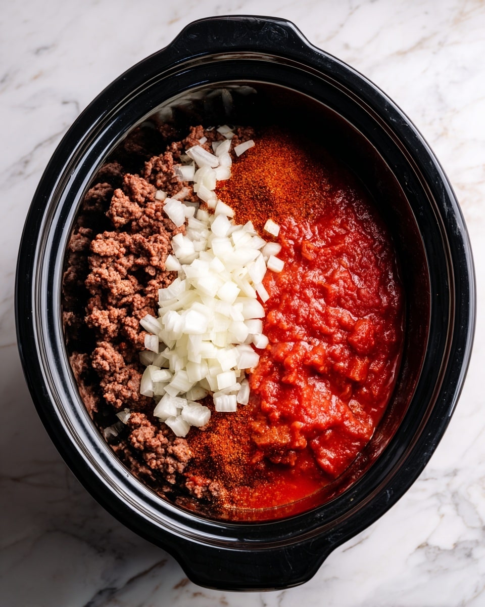 Inside a black slow cooker, there are four layers placed next to each other. The first layer is cooked ground meat, dark brown with a crumbly texture, filling about a quarter of the bottom space. Next to it, there is a layer of finely chopped white onions, small square pieces covering another quarter area. Beside the onions, there is a pile of reddish-brown spices with a powdery texture, and the last layer is bright red tomato sauce with a smooth and thick look. The inside of the cooker is shiny and black, and it sits on a white marbled surface. photo taken with an iphone --ar 4:5 --v 7
