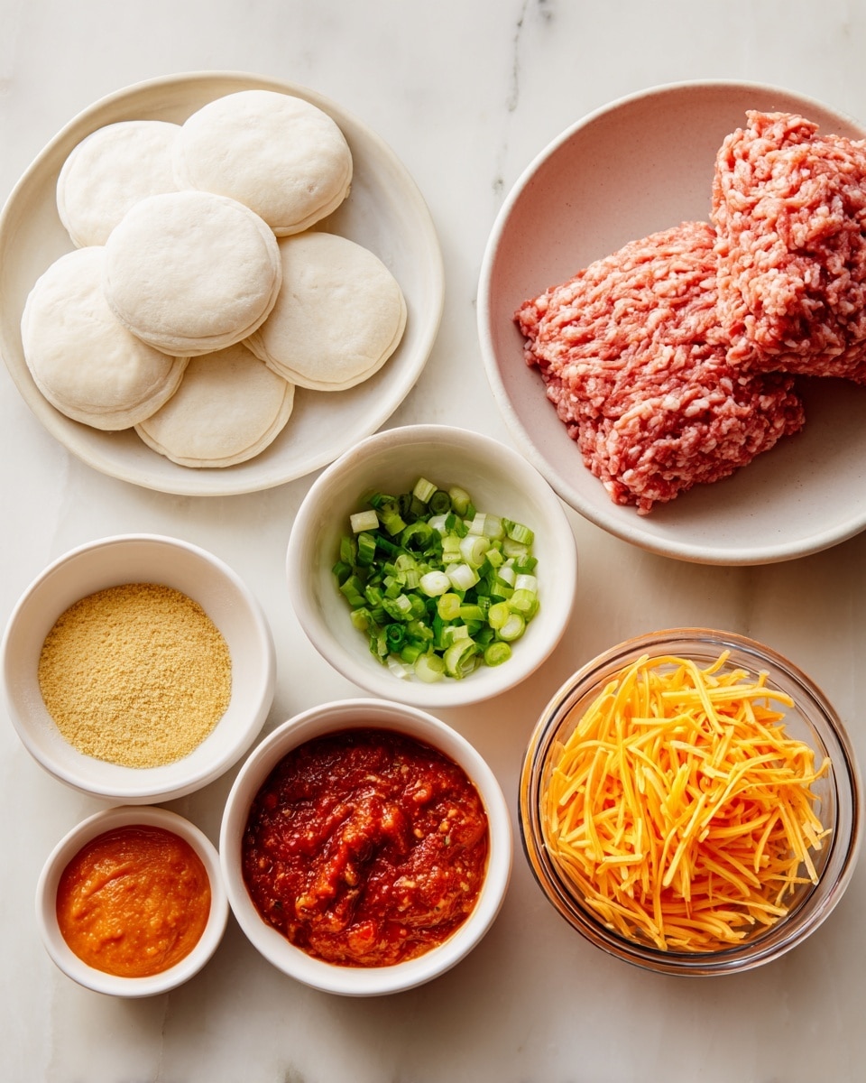 The image shows six small white bowls and a white plate on a white marbled surface. The white plate at the back left holds a neat stack of white circular dough pieces. To its right, a larger white bowl contains two blocks of raw ground meat with a soft, curly texture and pinkish-red color. In front of these, there are four small white bowls arranged in a rough semicircle: the left bowl holds a fine yellow-orange powder, the next bowl has chopped green onions with a fresh bright green color, the third bowl is filled with a smooth reddish-orange sauce, and the last bowl contains a chunky red salsa with visible bits of tomatoes and peppers. On the far right, there is a clear bowl filled with bright orange shredded cheese. photo taken with an iphone --ar 4:5 --v 7