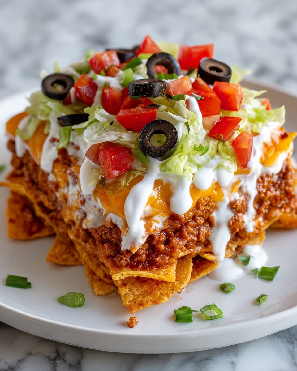 The dish shows a close-up of a slice from a layered casserole on a white plate. The bottom layer is made of crunchy orange corn chips, topped by a thick reddish-brown meat sauce mixed with melted orange cheese. Above the meat layer, there is a colorful layer of fresh toppings including chopped red cherry tomatoes, black olives, light green shredded lettuce, and white sour cream drizzled smoothly over. Each layer is clear and textured, with the crunchy chips at the base, mixed meaty and cheesy center, and fresh creamy-topped vegetables on the surface. The background is white marbled, adding a clean and bright feel to the image. Photo taken with an iphone --ar 4:5 --v 7
