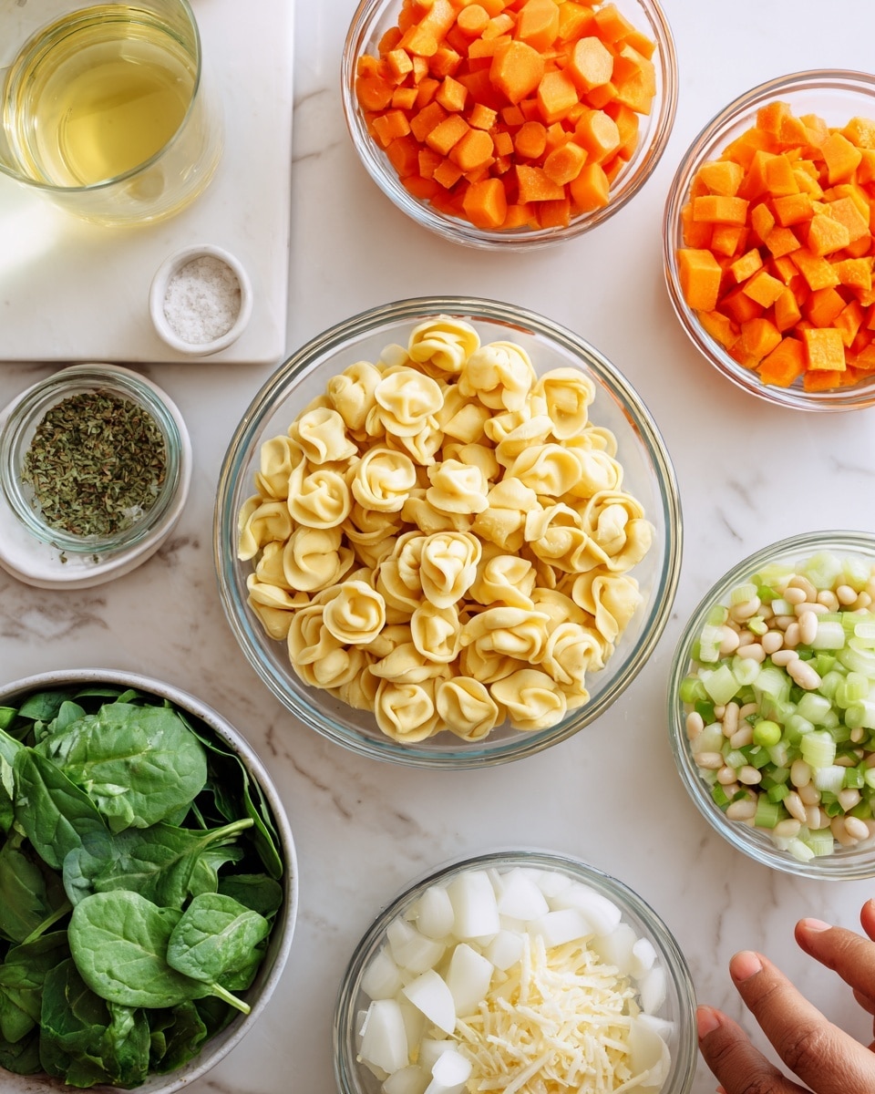 A top-down view of multiple clear bowls and a glass with ingredients placed on a white marbled surface. The largest bowl in the center contains light yellow tortellini pasta. Surrounding it are bowls filled with different finely chopped ingredients: bright orange carrots on the top right, pale orange diced tomatoes on the top left, light green celery on the upper right, small white beans below the carrots, fresh bright green spinach leaves on the left, white onions above the tortellini, and a bowl with grated off-white cheese below the pasta. A small glass jar with green herbs and a small bowl of white salt are also visible near the bottom. A glass of light yellow liquid is placed at the top left corner. At the edge of the frame, a woman's hand can be seen reaching from the right side. photo taken with an iphone --ar 4:5 --v 7