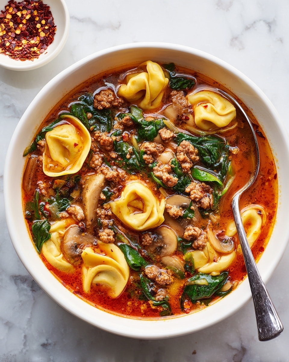 A white bowl filled with a bright red broth that looks rich and slightly oily. Floating in the broth are many small, folded tortellini with a light yellow color and smooth texture. There are several pieces of cooked ground meat scattered throughout, brown and crumbly. Dark green spinach leaves add a fresh contrast, mixed evenly in the soup. Thin slices of mushrooms with a smooth beige surface are also mixed in. A silver spoon rests inside the bowl, showing some broth and ingredients on it. The bowl sits on a white marbled surface with a small white bowl of crushed red pepper flakes nearby. Photo taken with an iphone --ar 4:5 --v 7