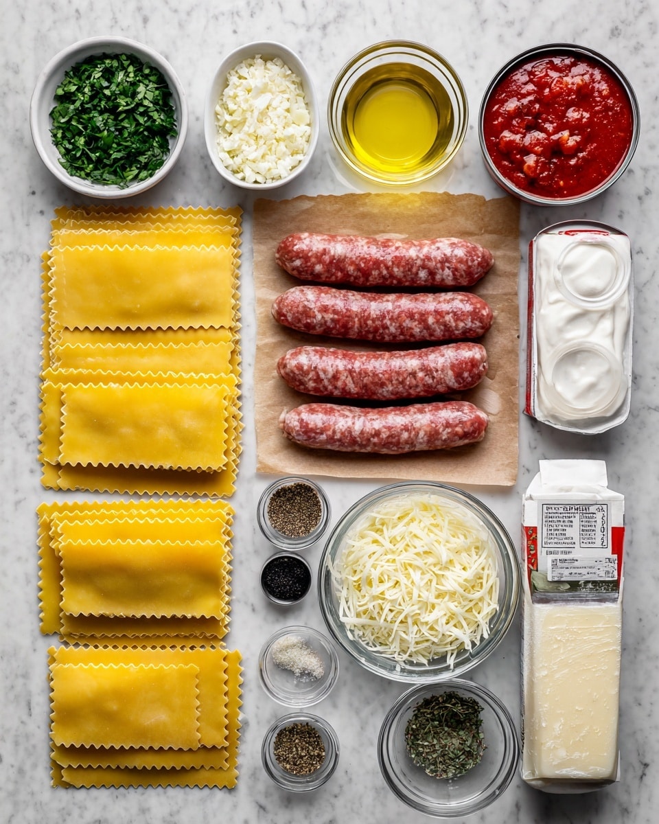A white marbled surface displays an organized layout of lasagna ingredients: on the left, a small white bowl with chopped green herbs and below it a small white bowl with minced garlic; next to these are eight uncooked, flat yellow lasagna noodles stacked neatly, each with ruffled edges. To the right of the noodles, raw ground sausage links rest on brown parchment paper. Above the sausage is a glass container of olive oil and to the far right, two opened cans of crushed tomatoes. Below the tomatoes is a white carton of cream. Below the noodles and sausage are three spice jars labeled black pepper, salt, and Italian seasoning in black and white. To the far right, there is a small white bowl with dry oregano and a glass bowl with chopped onions. In front of the spices, two glass bowls hold shredded mozzarella and grated Parmesan cheese. All the items are evenly spaced on the white marbled surface. Photo taken with an iphone --ar 4:5 --v 7
