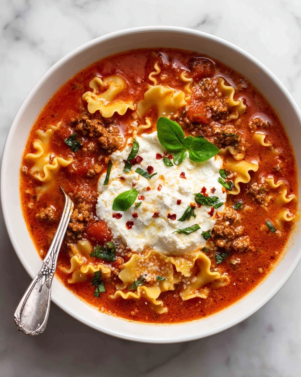 The image shows a white bowl filled with lasagna soup. The soup has wavy pasta noodles in a thick red tomato base with chunks of ground meat and herbs. On top, there is a creamy white dollop of ricotta cheese sprinkled with red chili flakes and small green basil leaves for garnish. A silver spoon rests inside the bowl near the rim. The bowl sits on a white marbled surface. photo taken with an iphone --ar 4:5 --v 7