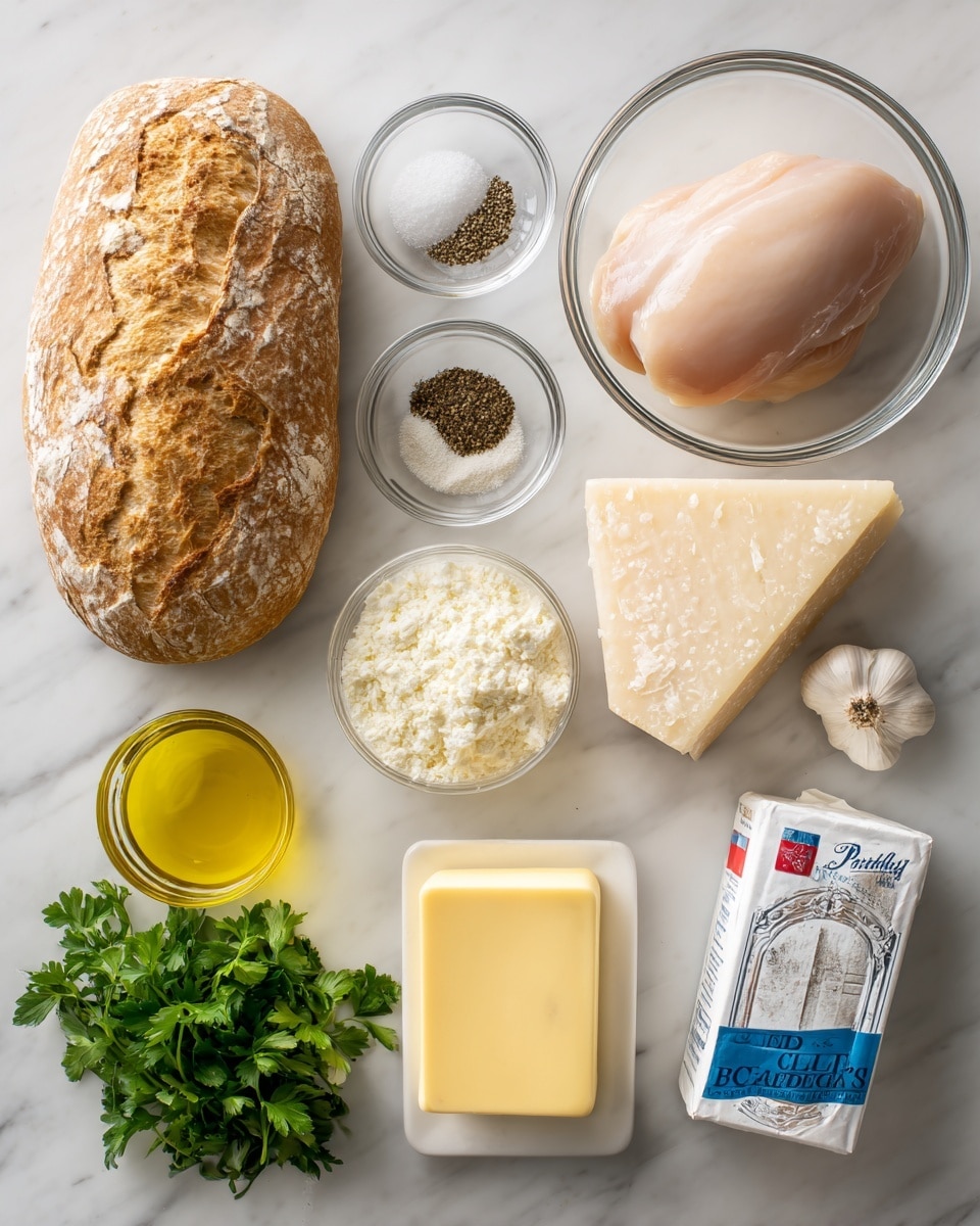 square image The image shows a group of ingredients neatly arranged on a white marbled surface. From left to right, there is a loaf of crusty bread with a rough golden-brown crust. Next is a clear glass bowl with a single raw, pale pink chicken breast in it. Above the bowl are three small round glass bowls filled with black pepper, salt, and white flour. Below and slightly right is a small clear container of yellow olive oil. To the right of the chicken, there is a small wedge of Parmesan cheese with its label showing and a garlic bulb next to a bunch of fresh green parsley. Below those items is a rectangular stick of yellow butter, a block of Philadelphia cream cheese in silver and blue packaging, and a carton of heavy whipping cream with blue, red, and white colors. The setting is bright and all items are orderly placed. Photo taken with an iphone --ar 4:5 --v 7