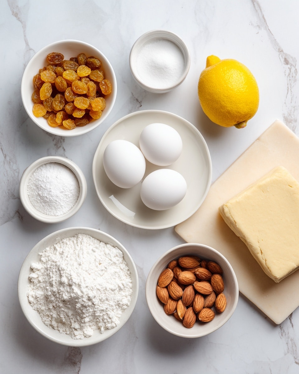 square image The image shows a top view of several baking ingredients arranged neatly on a white marbled surface. There are seven items: a small white bowl filled with golden raisins at the top left, a white bowl with two white eggs in the center, a bright yellow lemon at the top right, a white plate holding a rectangular block of cream cheese at the bottom left, a tiny white bowl with white flour in the middle, a medium white bowl with white sugar to the right, and a small white bowl filled with sliced almonds resting on a light beige cutting board next to a folded square of dough at the bottom right. The scene is clean and bright, with soft natural light coming from the top side. photo taken with an iphone --ar 4:5 --v 7