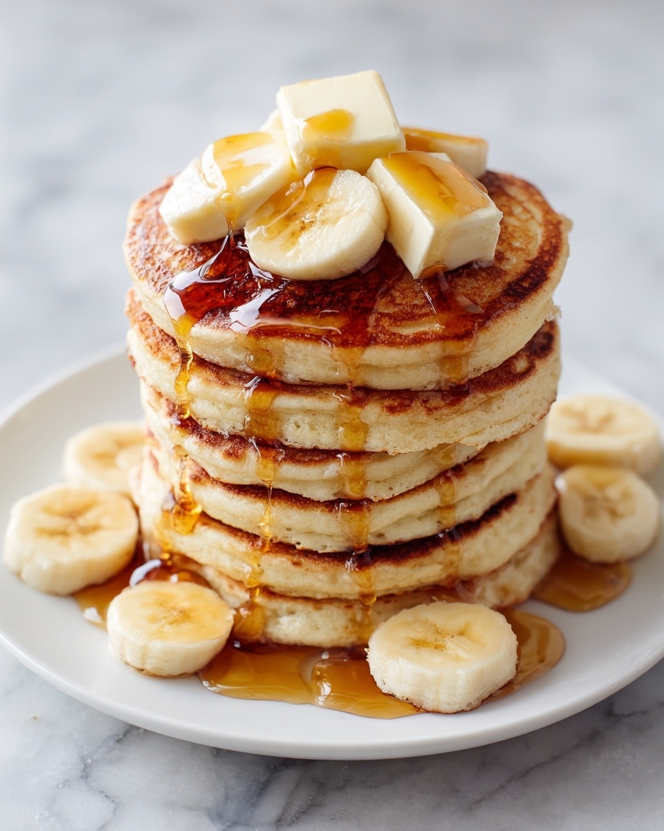 A stack of six golden brown pancakes sits at the center of a white plate. On top of the stack, there are small cubes of light yellow butter melting and banana slices arranged, with syrup dripping down the sides of the pancakes. Around the base of the stack, more banana pieces are scattered on the plate. The plate is placed on a white marbled surface. photo taken with an iphone --ar 4:5 --v 7