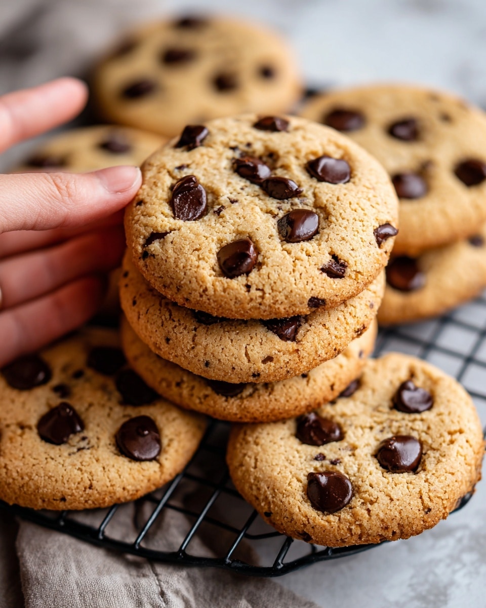 The image shows a close-up view of several round, light golden brown cookies with chocolate chips scattered on top. The cookies are stacked and overlapping on a black wire cooling rack sitting on a white marbled surface. The texture of the cookies appears soft with slightly crisp edges, and the chocolate chips are dark brown, slightly melted but still holding their shape. One cookie is slightly lifted, held by a woman's hand, showing its thinness and texture clearly. The overall look is warm and inviting, with a simple and cozy feel. photo taken with an iphone --ar 4:5 --v 7