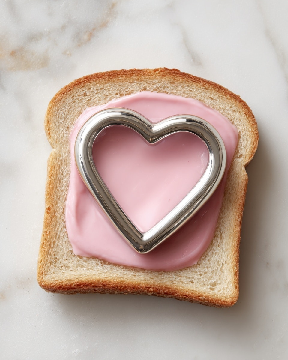 A single slice of white bread is placed flat on a white marbled surface. On top of the bread, there is a thin layer of smooth pink spread evenly covering the center area. On top of this spread, a shiny, silver metal heart-shaped cookie cutter sits firmly, pressing down on the spread and bread. The bread's edges are golden-brown and textured, contrasting with the soft white inside. The photo taken with an iphone --ar 4:5 --v 7