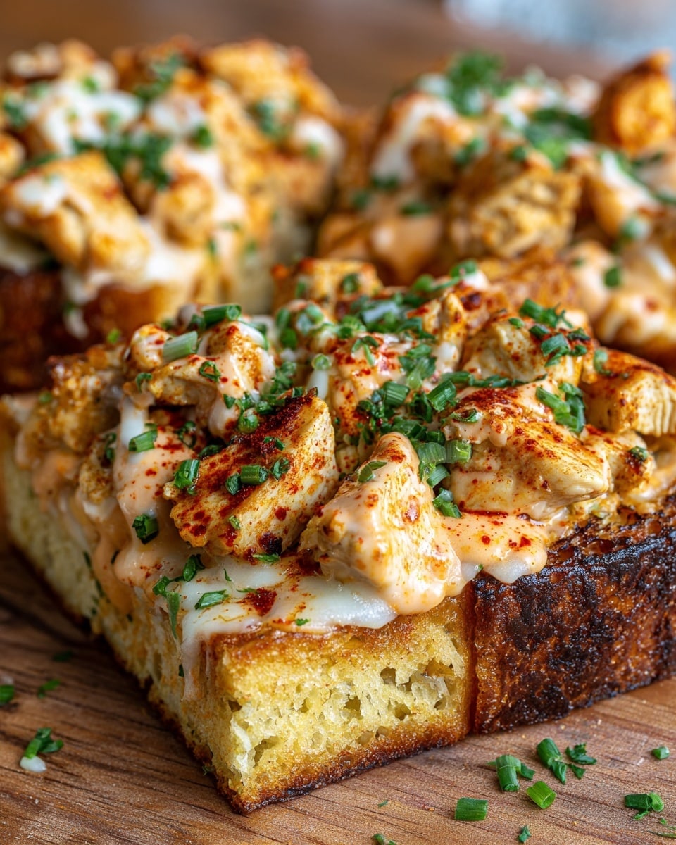square image A toasted sandwich cut in half with a thick, golden brown crust as the bottom layer, topped with chunks of light brown cooked chicken pieces sprinkled with red seasoning. Over the chicken is a creamy, light orange sauce layered unevenly, with melted white cheese stringing and spreading slightly on top, and small chopped green herbs scattered over everything. The sandwich is shown on a wooden surface that is not visible fully due to a close-up view. photo taken with an iphone --ar 4:5 --v 7