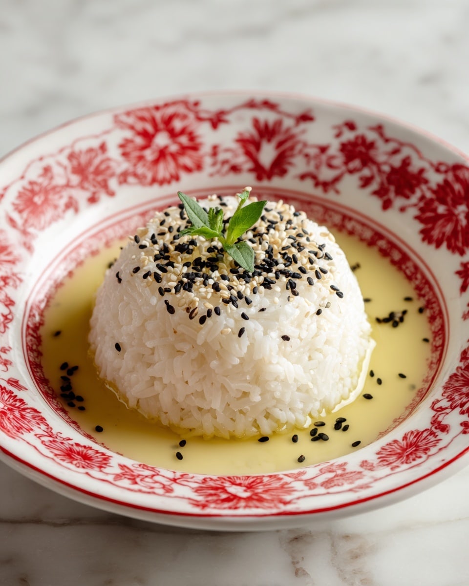 A white bowl with a red flower pattern holds a mound of white rice shaped like a dome in the center, sprinkled with black and white sesame seeds. The rice sits in a shallow pool of light yellow oil or sauce that surrounds the base of the mound. On top of the rice dome, there is a small green sprig of fresh herb for garnish. The bowl is placed on a surface with a white marbled texture. photo taken with an iphone --ar 4:5 --v 7