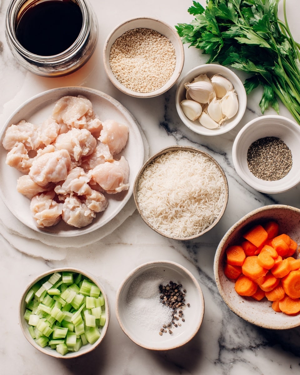 The image shows several small white bowls and plates arranged on a white marbled surface. One white plate has several raw light pink chicken pieces. A white bowl contains dry light brown rice grains. Another white bowl holds white shredded coconut. A small white bowl has peeled garlic cloves, and another small white bowl contains black pepper and salt. A white bowl has thin orange carrot slices, while another holds chopped light green celery. There is a bunch of fresh green herbs on the side. A glass jar filled with dark brown liquid is also placed on the surface. The top part of a woman's hand holding a small white bowl is partially visible. Photo taken with an iphone --ar 4:5 --v 7