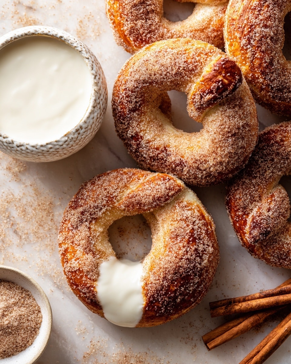 A close-up view of three soft pretzels stacked on a silver wire rack over a white marbled surface. Each pretzel is covered in light brown sugar and cinnamon granules, giving them a grainy textured look. The pretzel at the top shows one side dipped in a dark, glossy chocolate sauce that drips slightly down its side. The background is dark and blurred, featuring indistinct shapes of round muffin tins. The overall feel is warm and inviting, with a focus on the textures and rich colors of the pretzels. photo taken with an iphone --ar 4:5 --v 7