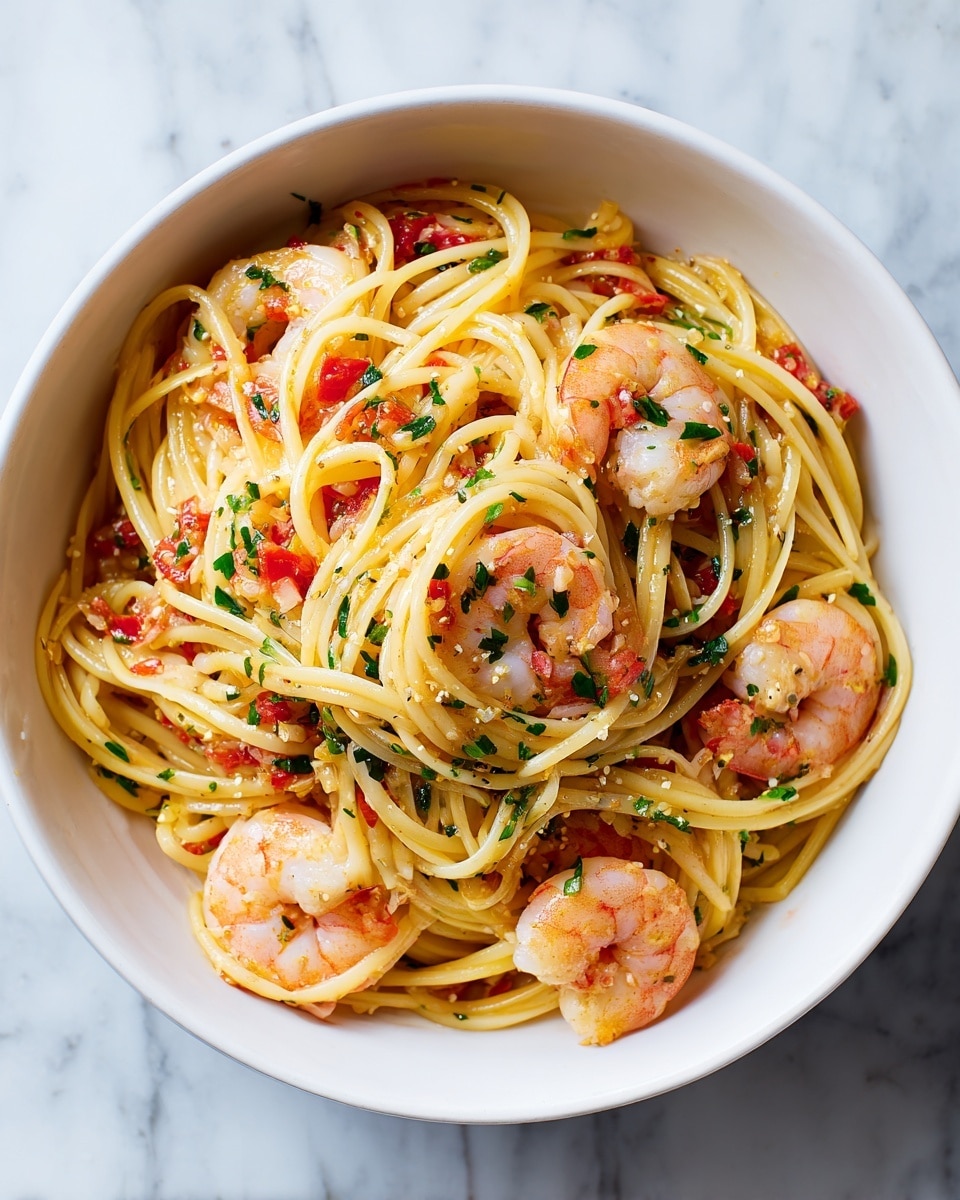 A white bowl filled with spaghetti mixed with cooked shrimp, small pieces of tomato, and green herbs scattered on top. The shrimp are pink and curled, sitting evenly among the long noodles, which are a light yellow color. The tomato pieces add bright red spots throughout the dish, and chopped green herbs give a fresh look. The bowl is placed on a white marbled surface. The photo taken with an iphone --ar 4:5 --v 7