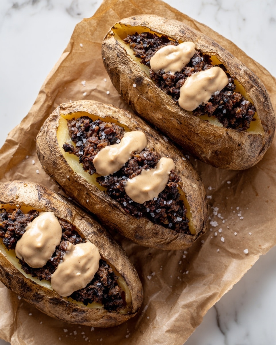 Three baked potatoes sit on brown parchment paper over a white marbled surface. Each potato is split open in the middle and filled with a dark brown, crumbly mixture that looks like cooked ground mushrooms or meat alternative. On top of the filling, there are dollops of smooth, light beige sauce drizzled unevenly. The potato skins are slightly wrinkled and golden brown, with some coarse salt sprinkled on them. Photo taken with an iphone --ar 4:5 --v 7