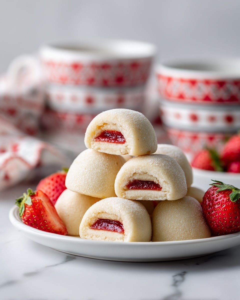A white plate holds small sandwich stacks shaped like bells, each with a soft, light beige bread outer layer and a thin red filling layer visible in the middle. The surface of the bread looks smooth and slightly soft. In the background, there are blurred red and white mugs with patterns, and a few bright red strawberries placed around the plate on a white marbled surface. The scene looks bright and clean, with soft natural light highlighting the texture of the bread and the fresh strawberries. photo taken with an iphone --ar 4:5 --v 7