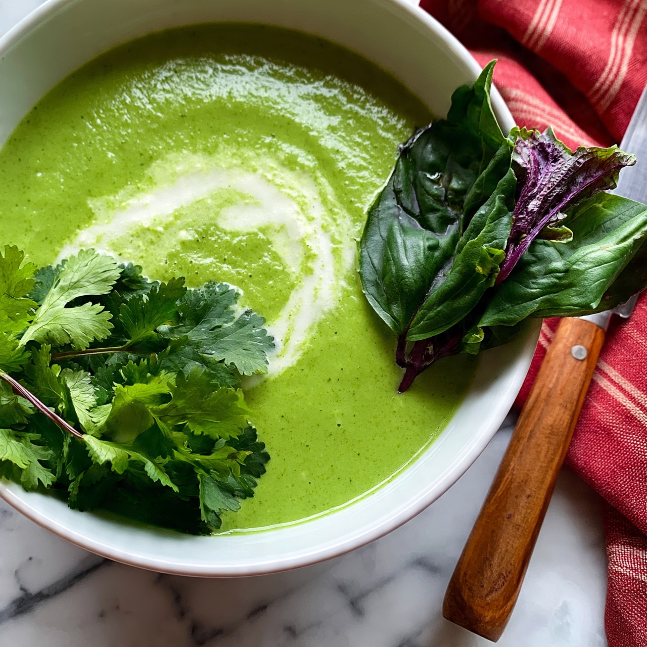 square image A close-up view of a bowl filled with smooth, bright green soup that has a creamy texture and light swirl of white cream on top. The soup is garnished with fresh green cilantro leaves and large dark green basil leaves with purple stems, placed on one side of the bowl. The bowl itself is white, sitting on a white marbled surface, next to a wooden-handled knife and a red cloth with light stripes. photo taken with an iphone --ar 4:5 --v 7