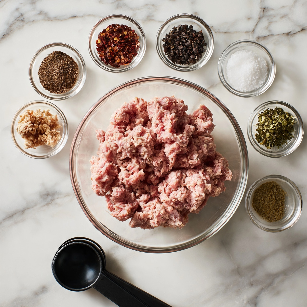square image A large clear glass bowl sits on a white marbled surface filled with pale pink ground meat with a rough texture. Surrounding this bowl are seven small clear glass bowls arranged in a loose circle; each contains different spices that vary in color and texture: one has finely ground dark brown spice, one has crushed red chili flakes, one has black cracked pepper, one has coarse white salt, one has crumbled light brown substance, one has green leafy herbs, and one has a fine greenish-brown powder. Near the bottom left, two black measuring spoons are stacked, their matte surfaces contrasting with the shiny bowls and marbled background. photo taken with an iphone --ar 4:5 --v 7