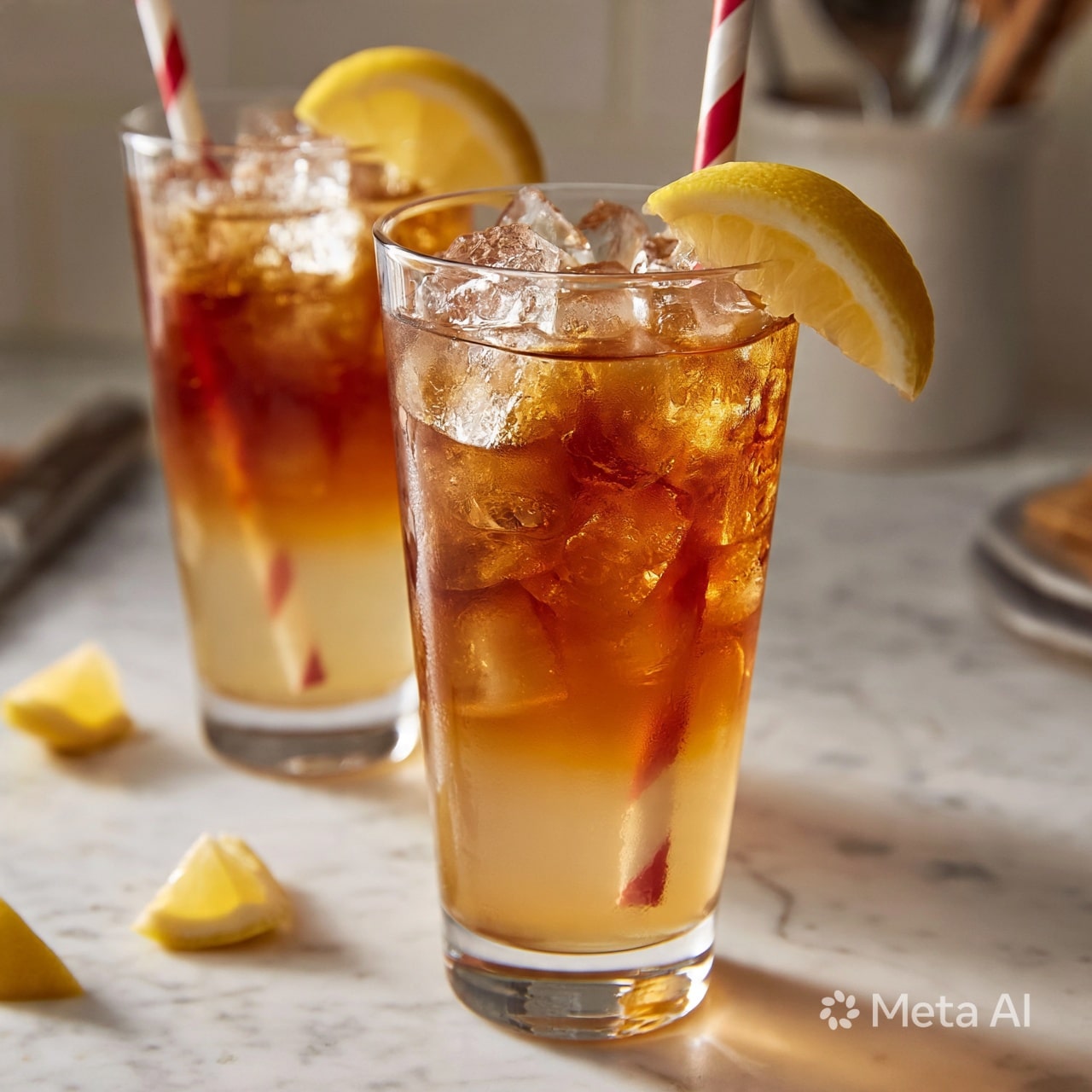 square image Two tall clear glasses filled with iced tea show three layers: a light amber at the bottom, a gradient amber in the middle, and a darker amber at the top, filled with irregular clear ice cubes. Each glass is garnished with a large yellow lemon wedge on the rim, and a white paper straw with red diagonal stripes stands inside each glass. The scene includes small lemon wedges on a white marbled surface with some kitchen tools blurred in the background. The photo is taken close-up with a soft focus on the front glass for a refreshing look. photo taken with an iphone --ar 4:5 --v 7