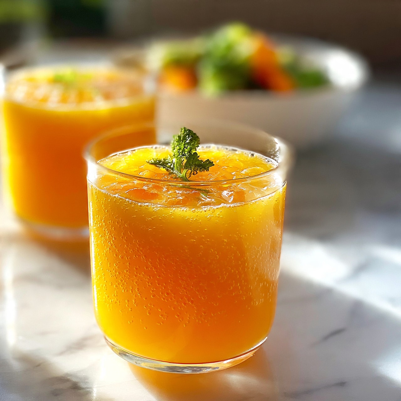 square image The image shows a short clear glass filled with bright orange juice, with tiny ice cubes floating on top. There is a small green herb, likely parsley, placed on top of the drink as decoration. Behind this glass, there is another glass with the same orange juice, slightly blurred, and a white bowl with green and orange vegetable pieces. The scene is set on a white marbled surface with soft natural light coming from the side. photo taken with an iphone --ar 4:5 --v 7