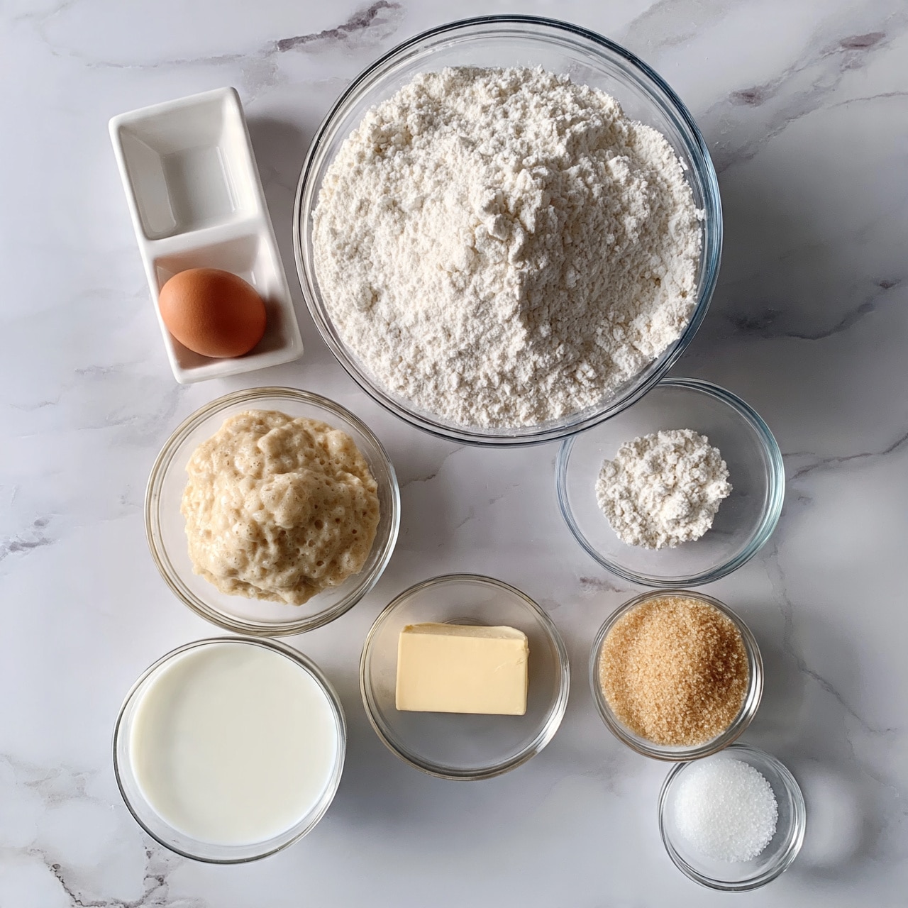 square image The image shows a top-down view of seven glass bowls and a white egg tray placed on a white marbled surface. In the center top is a large round glass bowl filled with white flour. To its left is a white egg tray holding a single brown egg. Below the large flour bowl are two medium glass bowls; the left one contains a beige, bubbly dough, and the right one holds a small amount of white flour. Below these are three smaller glass bowls, with the left one filled with white milk, the middle one containing a pale yellow block of butter, and the right one holding granulated light brown sugar. At the bottom right, a tiny glass bowl contains white salt. The arrangement is neat, and all bowls are clear, showing the contents clearly. Photo taken with an iphone --ar 4:5 --v 7