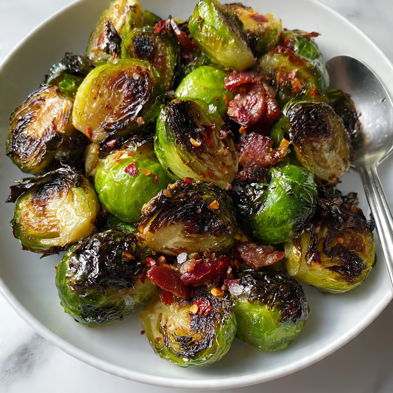 square image The image shows a white plate filled with roasted Brussels sprouts, each cut in half and cooked to have a mix of bright green and dark, crispy charred edges. Scattered throughout the dish are small pieces of reddish-brown bacon and specks of red chili flakes along with coarse salt crystals. A silver spoon is partially visible on the right side, resting in the plate on a white marbled surface. The Brussels sprouts look shiny with a slight oily texture that highlights their caramelized surface photo taken with an iphone --ar 4:5 --v 7square image