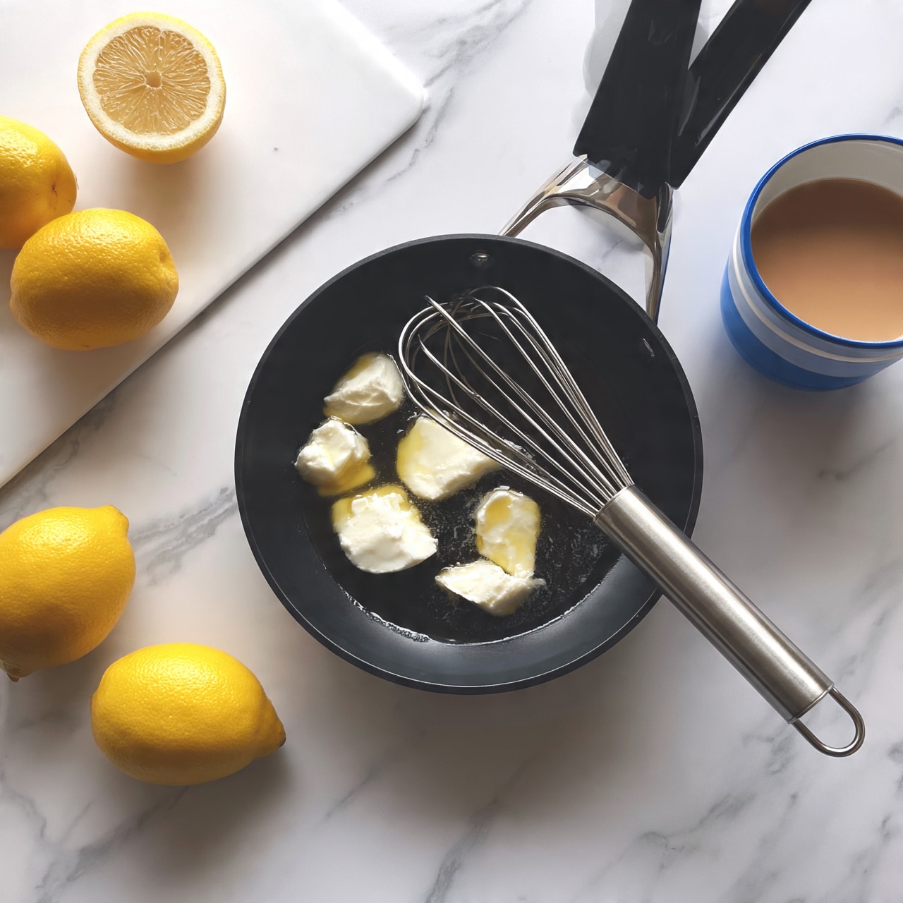 square image The image shows a black cooking pot placed on a white marbled surface. Inside the pot, there is a dark liquid base with several large white chunks floating on top, along with a metal whisk resting inside. Around the pot, there are three whole bright yellow lemons and one lemon half placed on a white cutting board. Nearby, there is a blue and white cup filled with a light brown liquid. The scene is simple and clean, with clear vibrant colors and natural lighting. Photo taken with an iphone --ar 4:5 --v 7