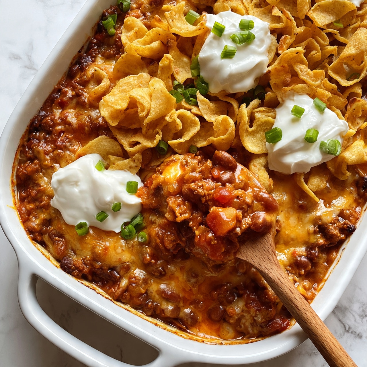 square image A white casserole dish is filled with layers starting with a saucy mix of ground meat, beans, melted cheese, and diced tomatoes, creating a chunky, rich orange and brown base. On top, a generous layer of curled yellow corn chips is scattered, adding a crunchy texture. Dollops of white sour cream are placed across the dish, with chopped bright green onions sprinkled for color contrast. A wooden spoon scoops a portion, showing the thick cheesy and bean mixture beneath the chips, all set against a white marbled surface. Photo taken with an iphone --ar 4:5 --v 7