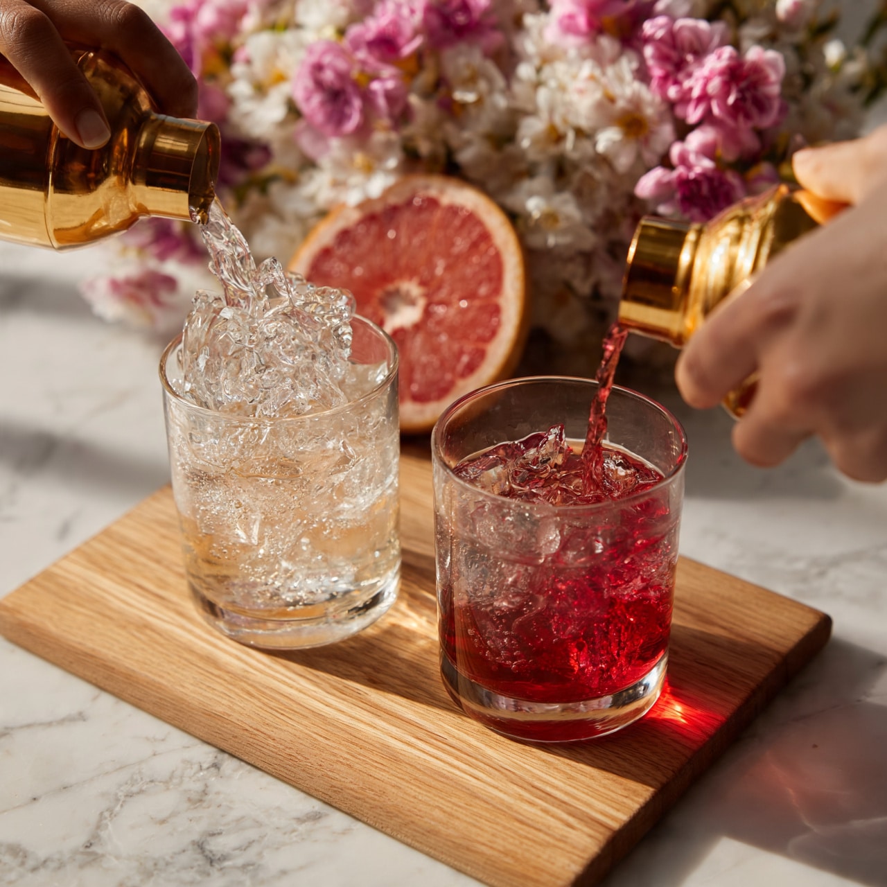 square image The image shows two clear glass mixing cups with ice inside, resting on a light wooden board on a white marbled surface. In the first cup, a woman's hand is pouring a clear liquid from a golden shaker, creating a splash over the ice. In the second cup, a woman's hand is pouring a red liquid from the same golden shaker over the ice. Behind the cups, there is a halved grapefruit with a pink interior and an arrangement of pink and white flowers. Photo taken with an iphone --ar 4:5 --v 7