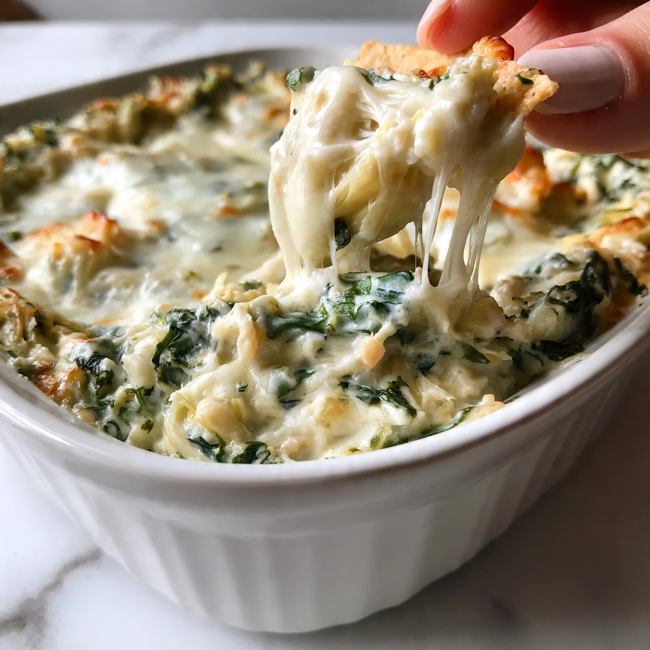 square image The dish is a creamy spinach artichoke dip in a white ceramic baking dish. The top layer is melted white cheese that stretches as a woman's hand scoops some out. Underneath the cheese, there is a thick, creamy mixture with green spinach leaves and small, light-colored pieces of artichoke. The texture looks smooth and soft with some chunkiness from the veggies. The white ceramic dish sits on a white marbled surface. Photo taken with an iphone --ar 4:5 --v 7