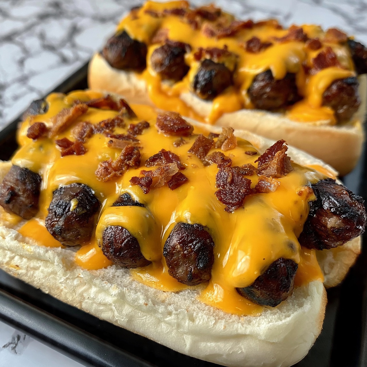 square image The image shows two hot dogs in white bun rolls, each topped with three dark grilled sausage links. The sausages are covered with melted orange-yellow cheese sauce drizzled evenly across the top, along with small pieces of crisp brown bacon scattered over them. The hot dogs are placed on a black tray, with a white marbled textured surface in the background. Photo taken with an iphone --ar 4:5 --v 7