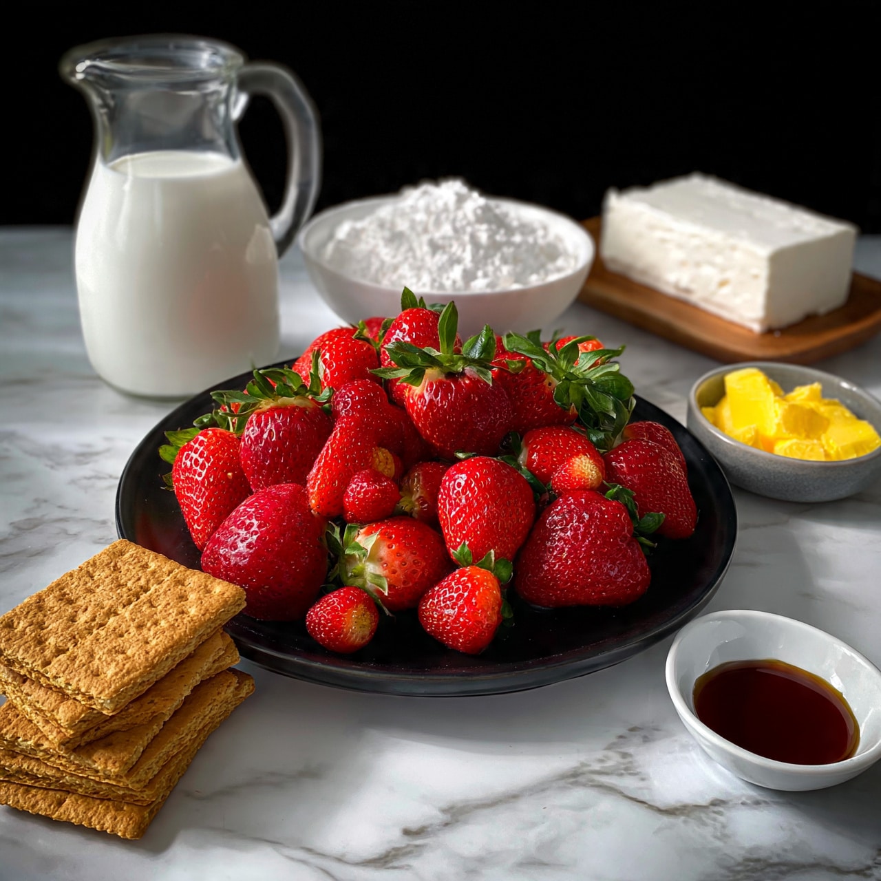 square image A black plate sits in the center filled with fresh, red strawberries with green leaves on top, showing a mix of big and small berries. Around it, there is a clear glass jug filled with white milk to the left, a stack of square graham crackers at the front left, and a white bowl full of powdered sugar behind the strawberries. To the right of the powdered sugar, a wooden plate holds a block of white cream cheese. Near the cream cheese, a small gray bowl contains bright yellow butter pieces, and to the front right is a small white dish with dark brown liquid syrup. The items are placed on a white marbled surface, with a solid black background. Photo taken with an iphone --ar 4:5 --v 7
