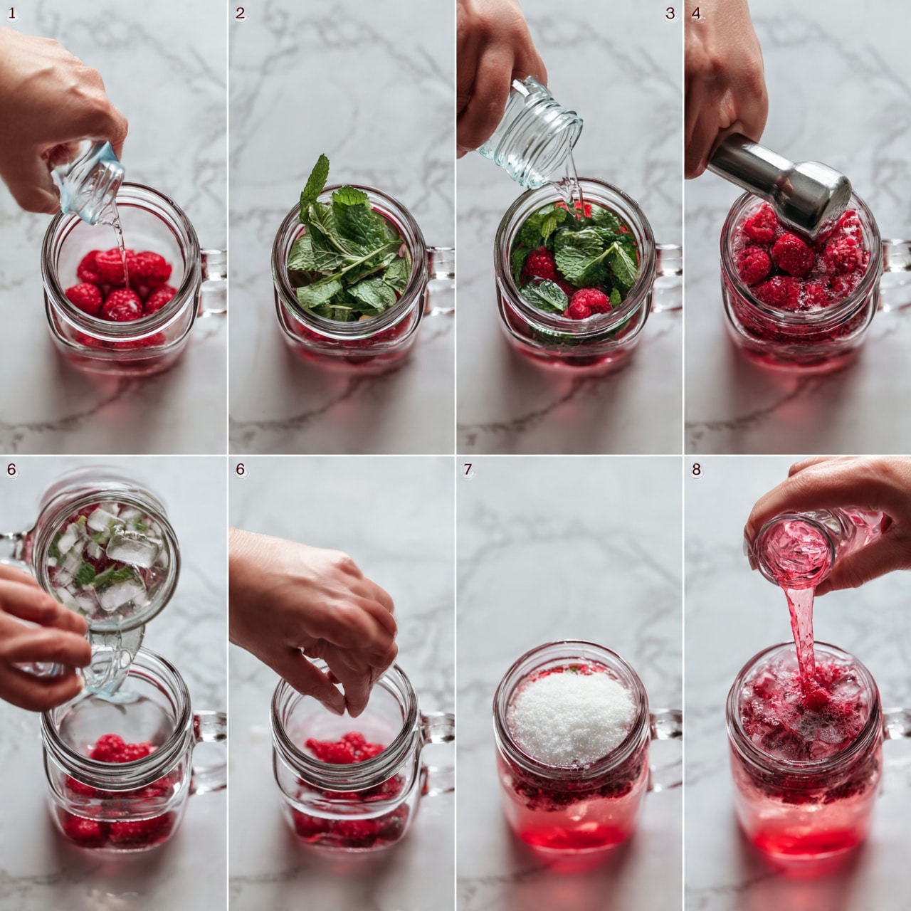 square image The image shows eight step-by-step top-down views of making a raspberry drink inside a clear glass jar with a handle, on a white marbled surface. Step 1 shows fresh red raspberries placed at the bottom center of the jar. Step 2 adds a few green mint leaves on top of the raspberries. Step 3 shows a hand pouring clear liquid into the jar. Step 4 shows a metal muddler pressing down on the raspberries and leaves. Step 5 shows crushed raspberries and mint with some ice cubes added into the jar. Step 6 shows a hand pouring more clear liquid into the jar, filling it more. Step 7 shows a hand pouring white granulated sugar into the jar. Step 8 shows a woman's hand pouring pink soda into the jar over the ice and ingredients, creating a layered red and pink drink. photo taken with an iphone --ar 4:5 --v 7