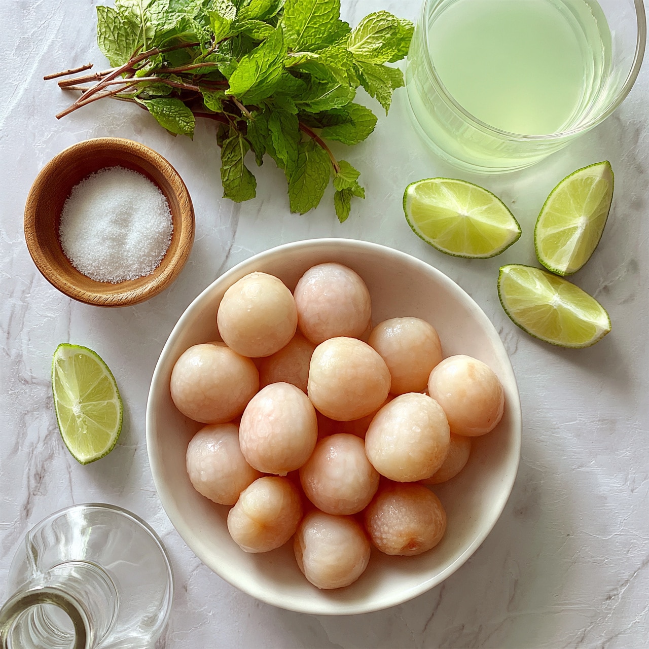 square image The image shows a white bowl in the center filled with smooth, round, pale pink lychee fruits. Around the bowl are four lime wedges, two placed near the top right and two on the left side. Above the bowl, slightly to the left, is a small wooden bowl filled with white salt. Above that is a bunch of fresh green mint leaves with brown stems. To the right of the mint is a clear glass filled with a light green liquid, likely lime juice. In the bottom left corner, there is a clear glass bottle with a round neck. The items are all placed on a white marbled surface that adds texture to the background. photo taken with an iphone --ar 4:5 --v 7