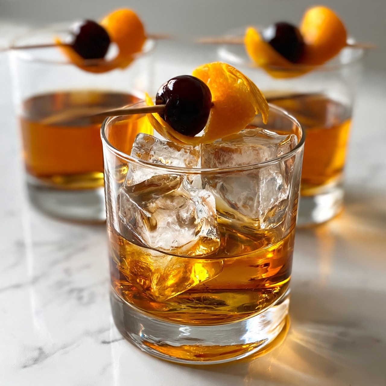 square image Two clear round glasses sit on a white marbled surface, each filled with a golden brown liquid. In the front glass, there are three large clear ice cubes forming the main layer, with a wooden stick resting on top holding a dark cherry and a curl of bright orange peel. The back glass shows the same drink without ice cubes but also has a wooden stick with a dark cherry and orange peel garnish. The light reflects softly off the liquid and glass edges. photo taken with an iphone --ar 4:5 --v 7