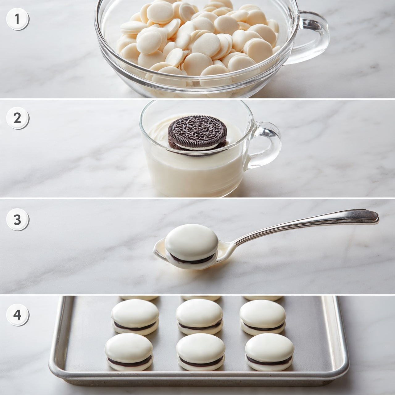 square image The image shows four steps of making a white chocolate-covered cookie treat on a white marbled surface. The first layer has many white chocolate discs in a clear glass bowl with a handle. The second layer is a clear glass cup with white melted chocolate inside and a dark chocolate sandwich cookie sitting flat on top. The third layer shows a silver spoon holding a round cookie fully coated in smooth white melted chocolate above the cup. The fourth layer displays six white chocolate-covered cookies arranged in two rows of three on a metal baking sheet. photo taken with an iphone --ar 4:5 --v 7