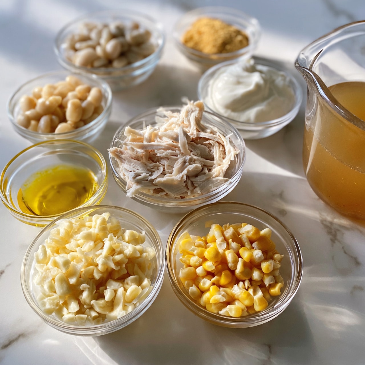 Green Chile Chicken Soup Recipe 4 square image The image shows several small clear glass bowls arranged on a white marbled surface, each containing different ingredients for a recipe. There is one bowl with shredded white chicken in the center, surrounded by bowls of chopped garlic, yellow corn kernels, cooked white beans, a creamy white substance that looks like sour cream, light brown ground spices, and a yellow liquid that appears to be oil. To the right, a glass measuring cup contains a light brown broth. All ingredients have a fresh and clean look, with colors ranging from white to yellow to light brown, and the glass bowls gleam gently in natural light. Photo taken with an iphone --ar 4:5 --v 7
