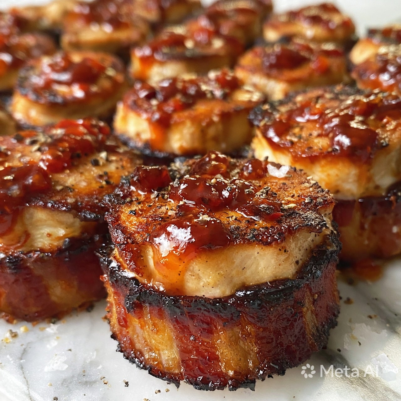 square image The image shows a close-up of many small round pieces of food arranged closely on a white marbled surface. Each piece has two main layers: a bottom layer wrapped in crispy, dark brown bacon with a slightly shiny texture, and a top layer of golden brown cooked chicken with a rough, grilled surface. Each piece is drizzled with a thick, reddish-brown sauce that shines and glistens, adding a glossy finish. Some bits of black pepper and coarse salt are sprinkled over the dish, adding texture. photo taken with an iphone --ar 4:5 --v 7