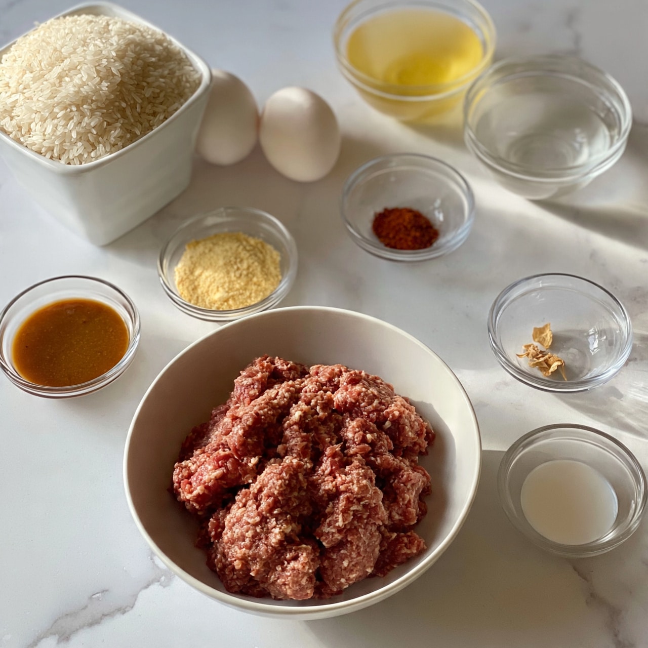 square image The image shows a white bowl filled with raw ground meat placed in the center on a white marbled surface. Surrounding it are small clear glass bowls each holding different spices and ingredients: there is a bowl of brown sauce, a bowl with a light yellow powder, a bowl with a dry red spice, a bowl with a few dry flakes, and a bowl with a white liquid. Near the top left side, there is a square white container full of white uncooked rice and two whole raw eggs next to it. Nearby are two clear glass bowls containing light yellow and clear liquids. All items are evenly spread out, with soft natural light illuminating them. Photo taken with an iphone --ar 4:5 --v 7