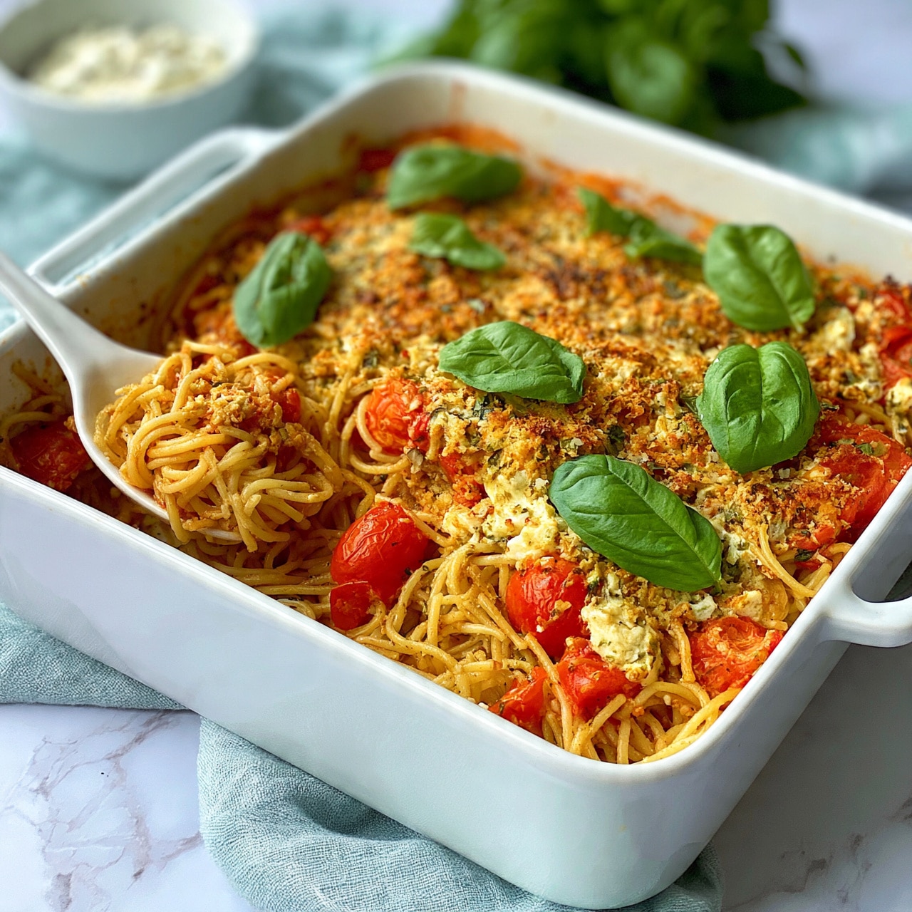 square image The image shows a white rectangular casserole dish filled with a layered pasta bake. The bottom layer is spaghetti noodles mixed with chunks of bright red cherry tomatoes and bits of creamy white cheese, topped with fresh green basil leaves scattered across. The pasta looks baked with a slightly browned, textured top layer where the cheese and tomatoes meld together. A white spoon is resting inside the dish, slightly lifting some pasta. In the background, there is a small white bowl with a creamy dip, and some green basil leaves behind it, all set on a soft, light blue cloth over a white marbled surface. Photo taken with an iphone --ar 4:5 --v 7