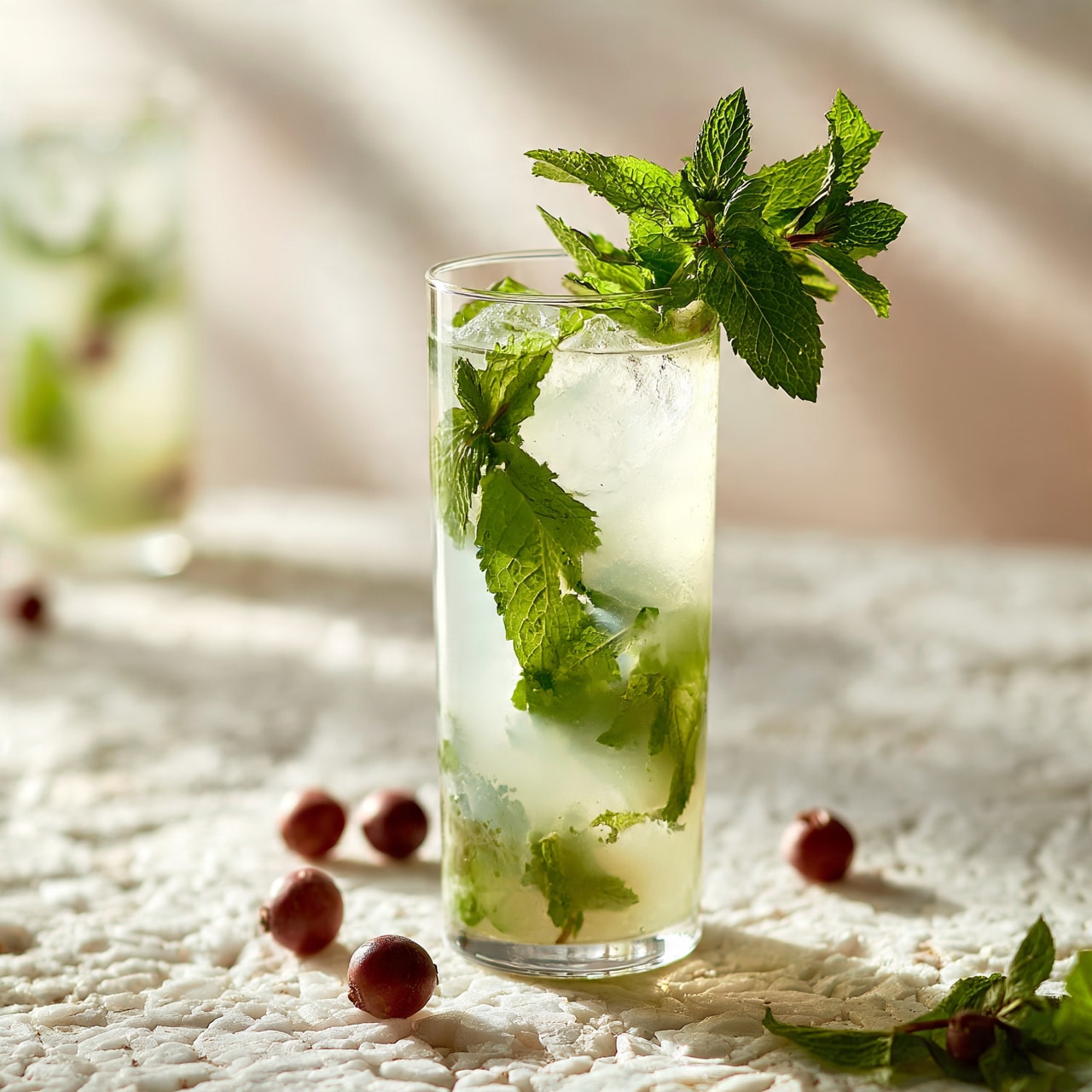 square image The image shows a tall clear glass filled with a light, cloudy liquid and fresh green mint leaves inside, sitting on a textured white marbled surface. There is a bunch of green mint leaves sticking out at the top of the glass. Around the glass, there are small round reddish-brown fruits scattered, and a blurred second glass with a similar drink is in the background. The overall colors are soft with white, green, and reddish tones, and the setting looks clean and fresh. Photo taken with an iphone --ar 4:5 --v 7