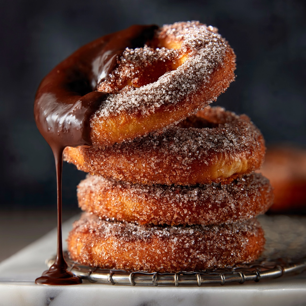 square image The image shows a stack of round pretzels covered in sparkling sugar, with one pretzel slightly on top of the others, its left side dipped in glossy dark chocolate that drips slowly down. The pretzels have a golden-brown color, textured with a sugary coating that makes them look crunchy. They rest on a metal cooling rack placed on a white marbled surface, and the background is dark and blurry, focusing all attention on the pretzels. Photo taken with an iphone --ar 4:5 --v 7